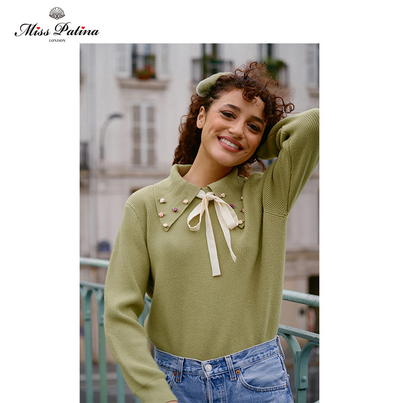 MP英伦复古原创设计 学院风抹茶绿手工订花领系带针织衫套头毛衣