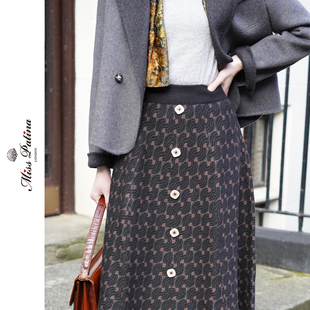 MP英伦复古装饰主义花纹针织半裙女秋冬A字中长款排扣百搭显瘦