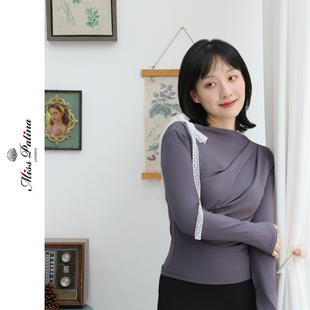 MP复古摩登一字肩蕾丝系带2种穿法褶皱不规则高弹上衣女百搭