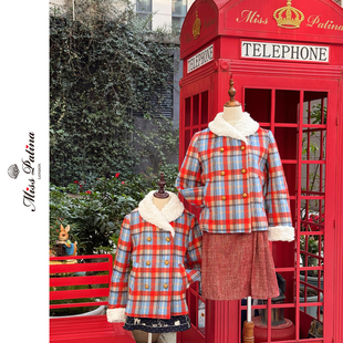 MP英伦复古原创设计 羊羔毛领格子双排扣毛呢短款外套亲子装