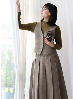 MP复古原创设计英伦学院风绅士马甲压褶半裙套装气质显瘦