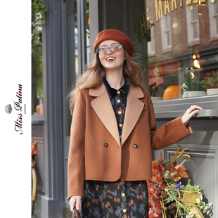 MP英伦复古猫咪刺绣外套学院风绅士猫双面短款毛呢西装领短款秋冬