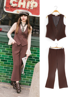 MP复古原创设计安妮霍尔英伦雅痞帅气侧脸猫刺绣套装 马甲+喇叭裤