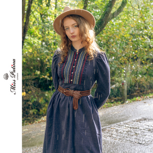 MP复古原创设计 连衣裙 70年代波西米亚草原风立领牛仔蓝长袖