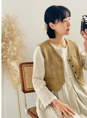 MP英伦复古田园风仿麂皮V领马甲短款背心春夏