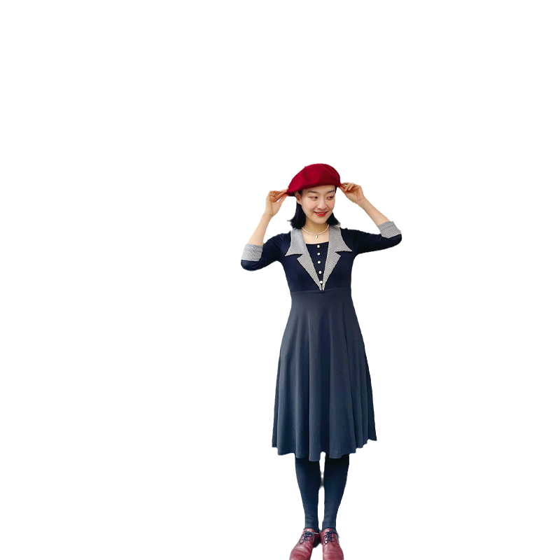 MP复古原创设计女王棋局赫本高端优雅名媛小黑裙七分袖连衣裙春秋