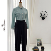 MP英伦复古原创 女翻领猫咪刺绣薄荷绿色衬衣 衬衫 单品 学院风长袖