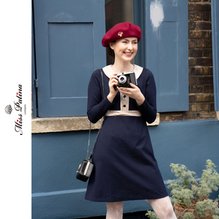 MP复古原创设计 彼得潘领拼接时髦连衣裙修腰显瘦春秋季新品