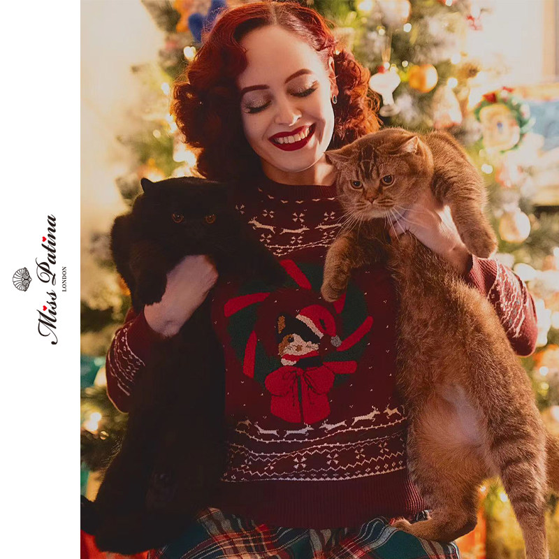 圣诞新年猫咪套头针织上衣