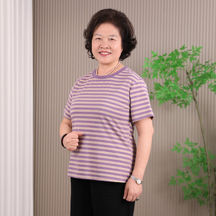 纯棉短袖t恤女夏季新款宽松加肥大码中老年妈妈百搭休闲条纹上衣