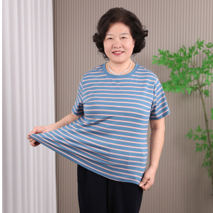 2026夏款 60岁妈妈宽松遮肚子上衣服 中老年人圆领套头条纹T恤短袖
