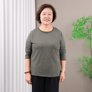 大码妈妈秋装打底衫加肥加大奶奶装中老年女装春秋季条纹T恤上衣