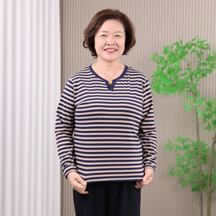 加肥加大码长袖T恤2025春秋新款中老年妈妈条纹打底衫奶奶V领上衣