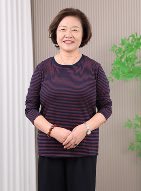 60岁70老人春秋条纹上衣妈妈宽松