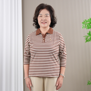 中老年秋装休闲长袖POLO衫小个子妈妈翻领条纹t恤有领女纯棉上衣