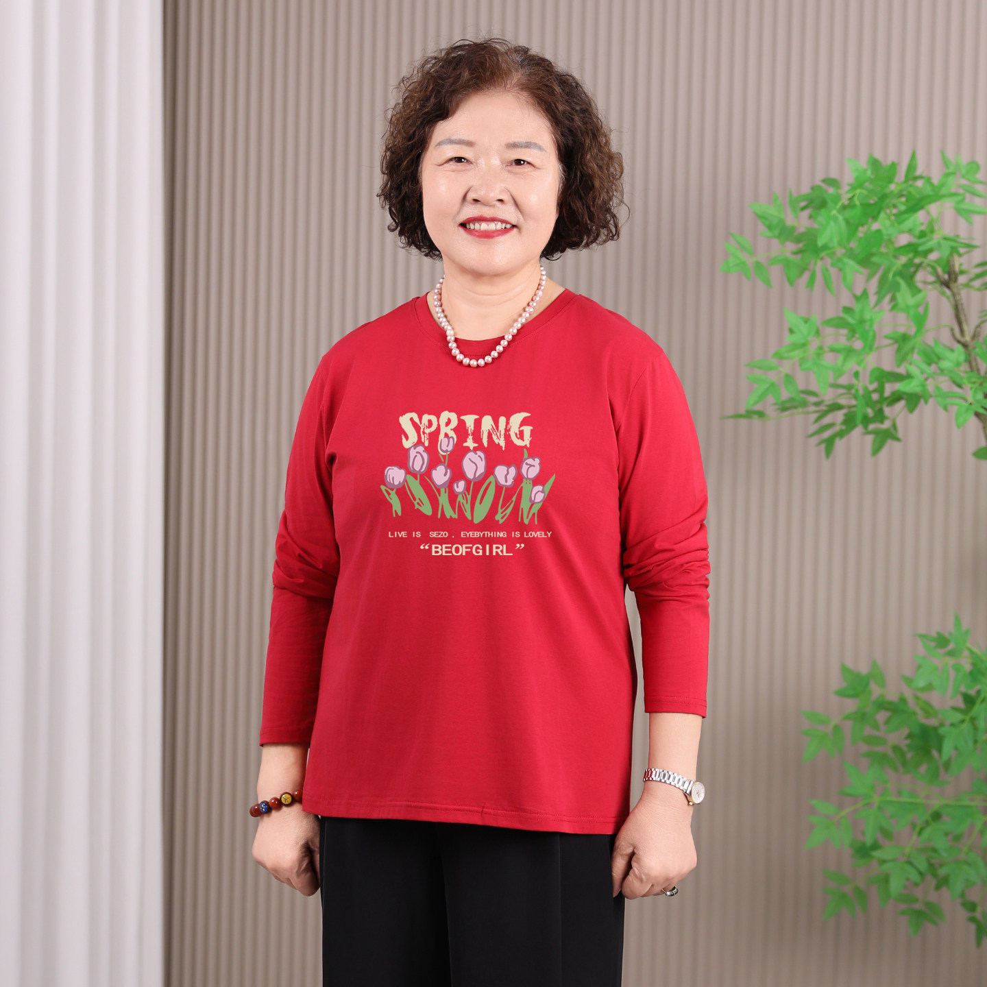 广场舞棉质打底衫女红色长袖T恤运动健身操团体上衣春秋大码内搭