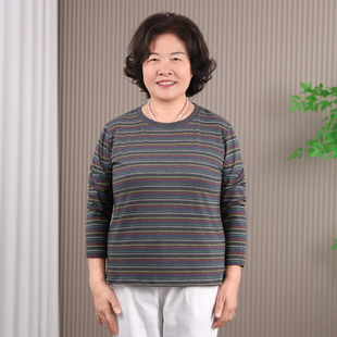 中老年条纹秋衣女春秋打底衫外穿老太太长袖上衣妈妈内衣套头小衫