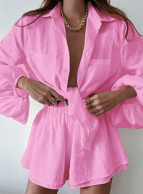 Casual solid colour ruffled shorts shirt fashion suit women