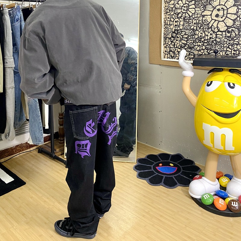 美式国潮原创潮牌西海岸街头哥特字梵文印花长裤直筒纯色牛仔裤