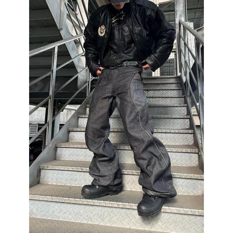 美式重磅水洗双腰头弯刀牛仔裤男潮牌小众高级感设计宽松长裤子潮