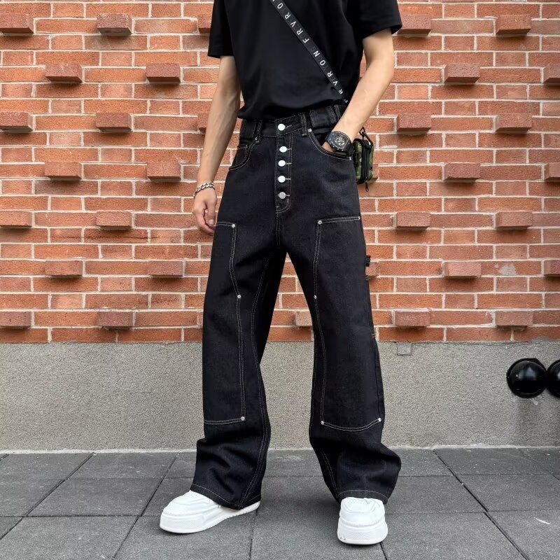 牛仔裤排扣拼接男士直筒裤潮流宽松休闲裤2025帅气哈伦裤工装长裤