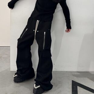 美式高街RO风格cargo阔腿工装裤男潮牌拉链多口袋拖地喇叭长裤子