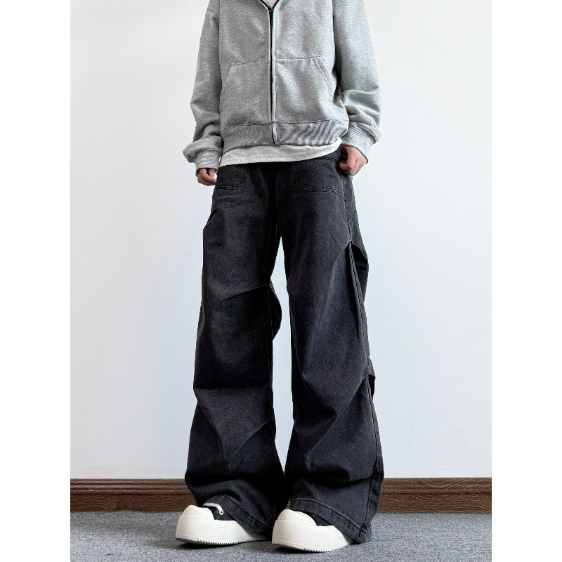 2025秋冬美式褶皱牛仔裤潮牌伞兵宽松直筒百搭黑灰色长裤男女