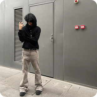 美式高街RO裤子水洗做旧风格牛仔裤微喇拖地堆积坠感拼接沙漠色潮