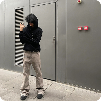 美式高街RO裤子水洗做旧风格牛仔裤微喇拖地堆积坠感拼接沙漠色潮