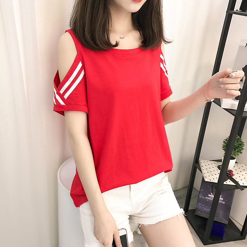 【2件59元】短袖t恤女夏裝2018新款韓版寬松學生純棉露肩半袖上衣