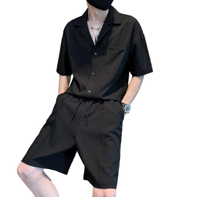 2025夏季新款男士黑色短袖短裤套装潮牌两件套C208-8874-P88控138,男装牛仔裤,电商C208