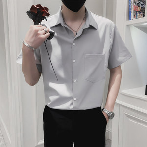2026夏季男士灰色尖领衬衫时尚潮流短袖纯色上衣C203-8821-P58，男装T恤，电商C208