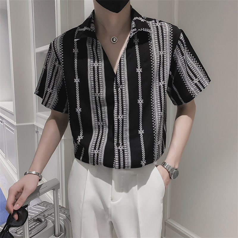 夏季短袖衬衫男韩版大V领花衬衣社会小伙夜店美发长袖寸衣8810，男装T恤，电商C208