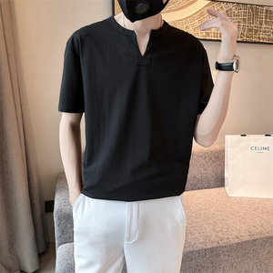 精神小伙夏季男士短袖体恤纯色V领潮流半袖t恤男C203-8872-特P48图片