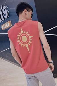 2026夏季新款潮牌无袖T恤金太阳印花男士纯棉背心男C203-5035-P28图片
