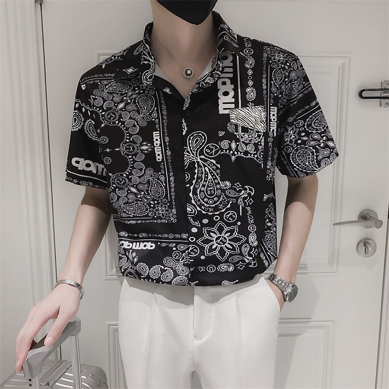 社会小伙夏季青年男士短袖衬衣夜店发型师帅气花衬衫C203-8811P58，男装T恤，电商C208