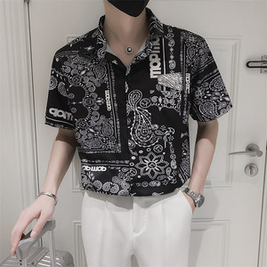 社会小伙夏季青年男士短袖衬衣夜店发型师帅气花衬衫C203-8811P58图片