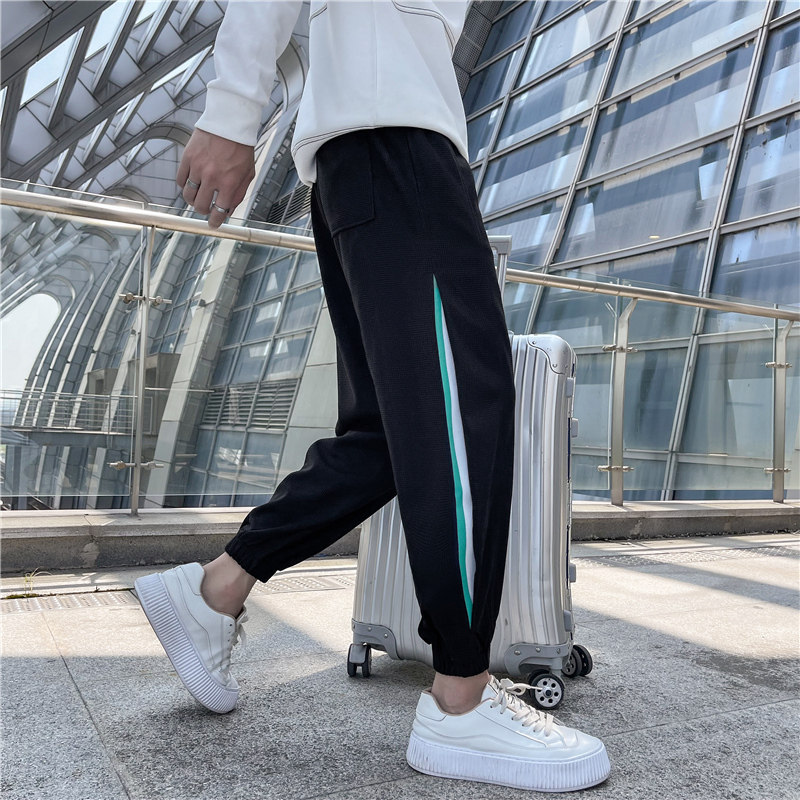 时尚潮流青年男生黑色休闲裤螺纹拼接华夫格条纹裤子C203-6704P58，男装休闲裤，电商C208