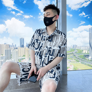 社会小伙夏季男士短袖短裤套装男半袖花衬衫两件套C208-8884-P88图片