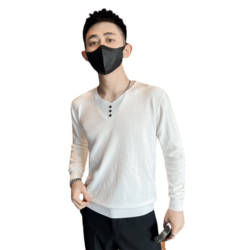 青少年学生鸡心领纯色针织衫韩版修身套头男士白色毛衣C203-8847,男装针织衫/毛衣,电商C208