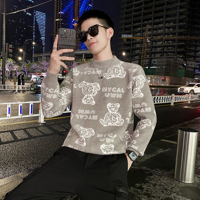 社会小伙冬季保暖毛衣男小熊提花圆领休闲针织衫DS-C203-5308-P68,男装针织衫/毛衣,电商C208