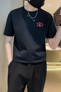 精神小伙夏季短袖t恤时尚潮流圆领体恤男黑色打底衫C203-8857-P38图片
