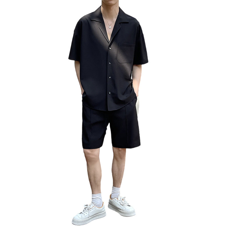 社会小伙夏季男士纯色套装短袖衬衫短裤两件套C208-8874-P88控138,男装牛仔裤,电商C208