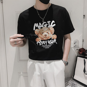 精神小伙夏季短袖圆领T恤青少年卡通趣味印花t恤男C203-8824-P38,蓝色裤子搭配什么颜色上衣女夏图片