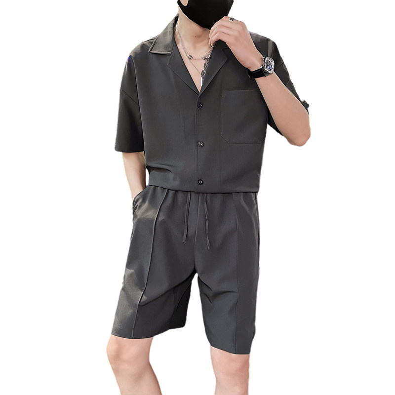 精神小伙夏季纯色套装男士短袖衬衫短裤两件套C208-8874-P88控138,男装牛仔裤,电商C208