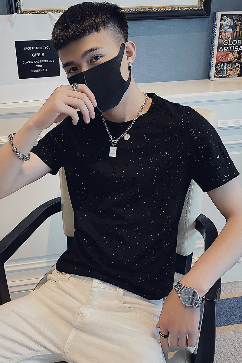 社会小伙夏季短袖T恤青年男生圆领破洞针织衫C203-5275-P38控58,男装T恤,电商C208