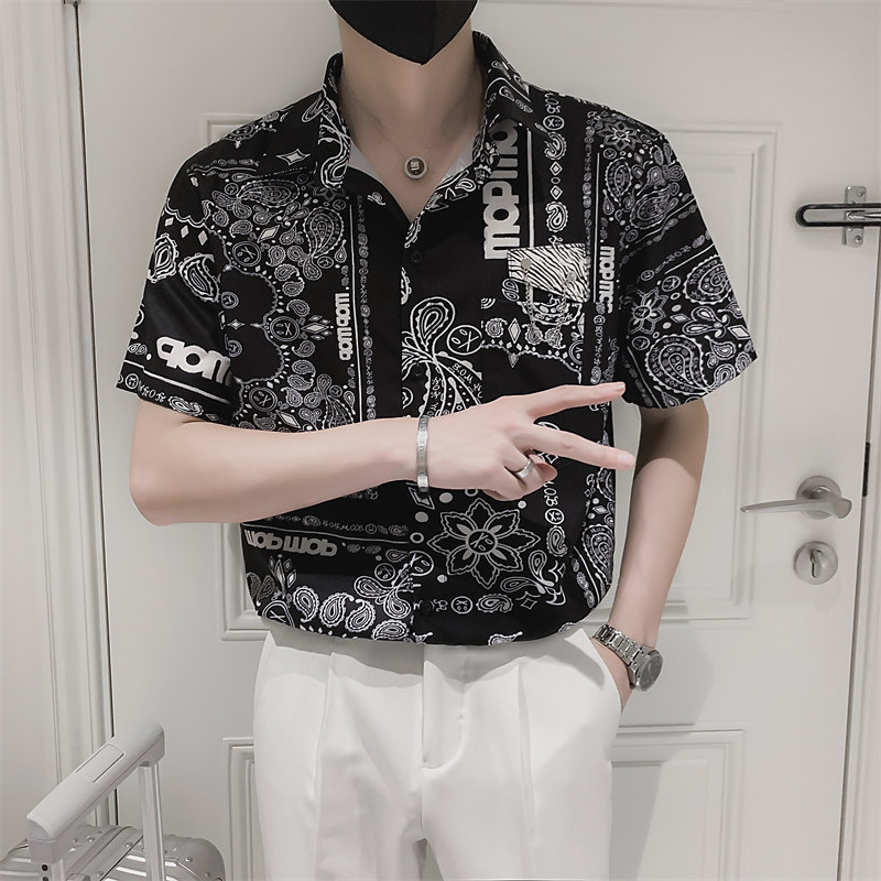 社会小伙夏季青年男士短袖衬衣夜店发型师帅气花衬衫C203-8811P58,男装T恤,电商C208