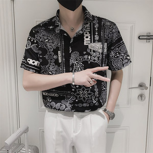 社会小伙夏季青年男士短袖衬衣夜店发型师帅气花衬衫C203-8811P58图片