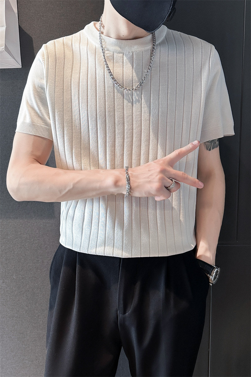 2025夏季新款男士圆领针织衫白色短袖t恤条纹体恤C203-8870-特P48,男装T恤,电商C208
