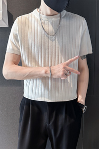 2025夏季新款男士圆领针织衫白色短袖t恤条纹体恤C203-8870-特P48图片